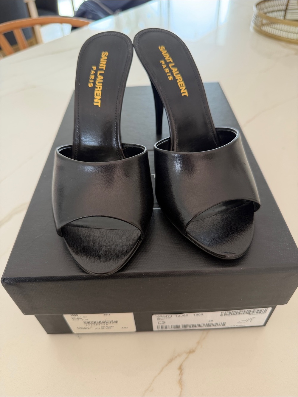 Saint Laurent Black Leather Open-Toe Mules with Stiletto Heel